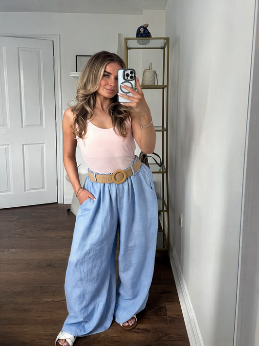 Natural Linen Wide-Leg Palazzo Trousers with Elasticated Waist & Side Pockets - Denim
