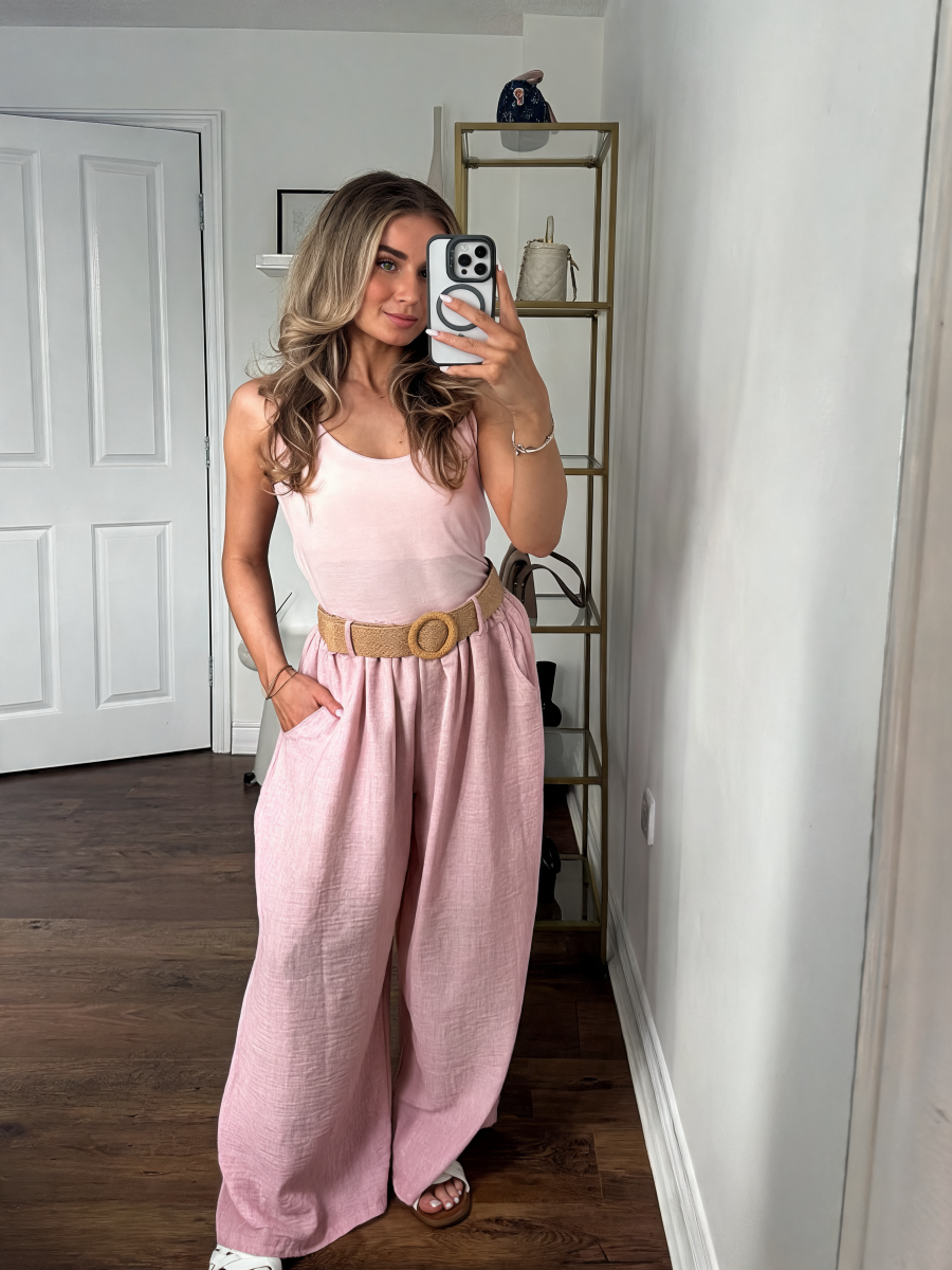 Natural Linen Wide-Leg Palazzo Trousers with Elasticated Waist & Side Pockets - Pink