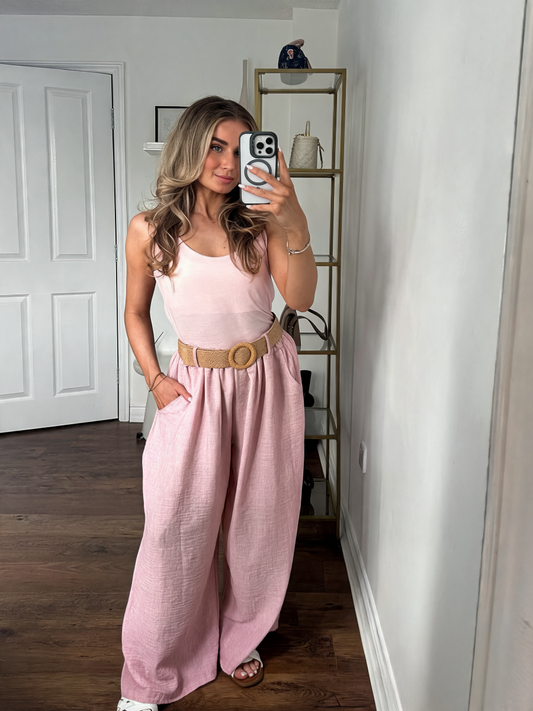 Natural Linen Wide-Leg Palazzo Trousers with Elasticated Waist & Side Pockets - Pink