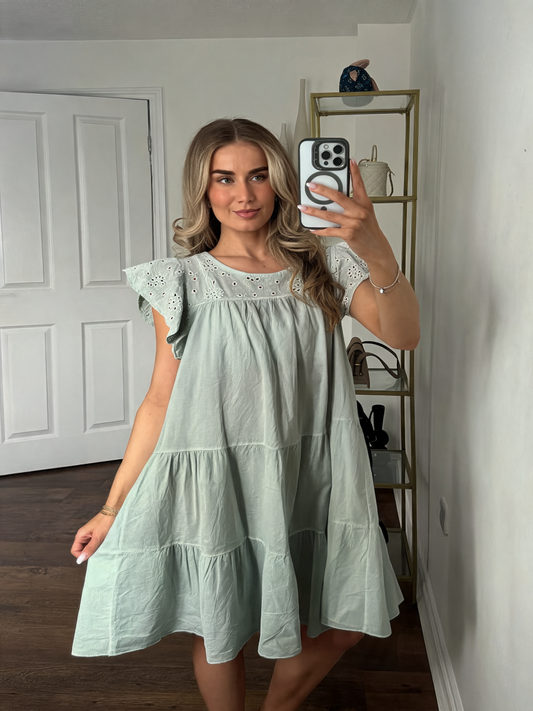 Eyelet Flutter-Sleeve Tiered Mini Dress - Khaki