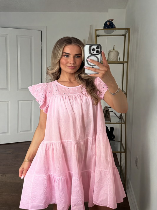Eyelet Flutter-Sleeve Tiered Mini Dress - Pink