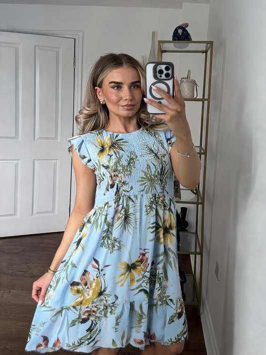 Tropical Leaf Print Shirred Bodice Mini Dress - Sky Blue