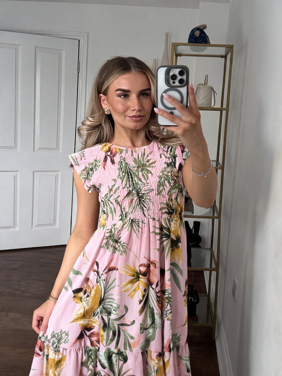 Azure Bloom Verfraaide Gelaagde Smockjurk - Roze