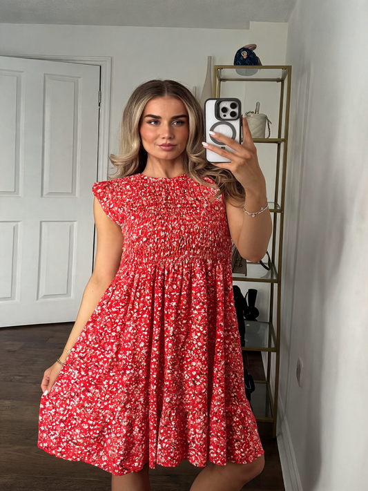 Ditsy Floral Shirred Bodice Mini Dress - Coral