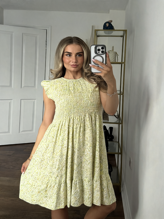Ditsy Floral Shirred Bodice Mini Dress - Lemon
