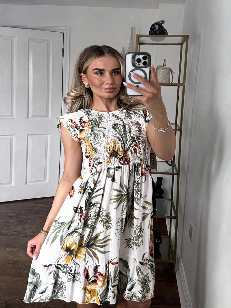 Tropical Leaf Print Shirred Bodice Mini Dress - White
