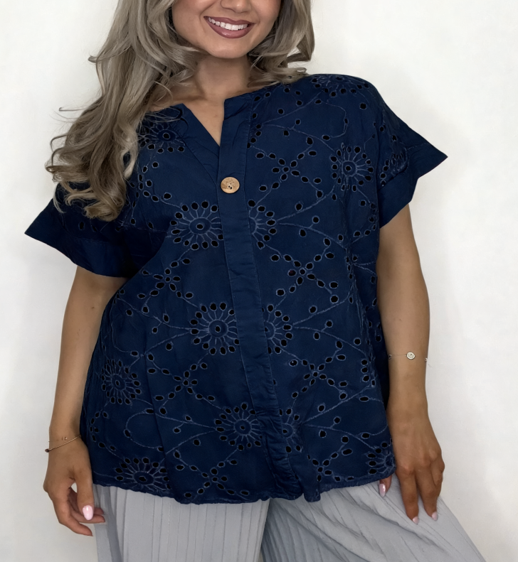 T-shirt met korte mouwen van bloemenkant en botanische print - Marineblauw