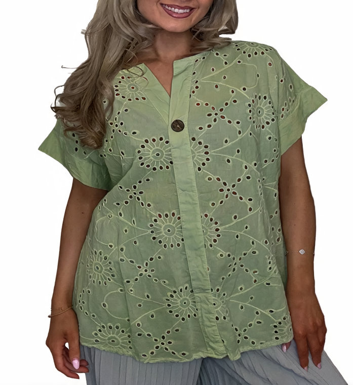 Broderie Anglaise Button-Front Blouse - Khaki