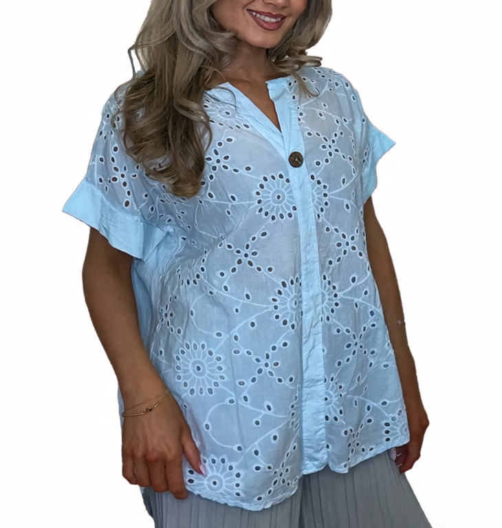T-shirt met korte mouwen van bloemenkant en botanische print - Marineblauw