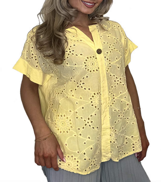 Broderie Anglaise Button-Front Blouse - Lemon