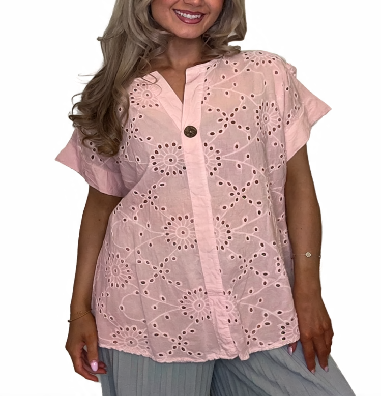 Broderie Anglaise Button-Front Blouse - Pink