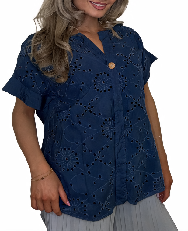T-shirt met korte mouwen van bloemenkant en botanische print - Marineblauw