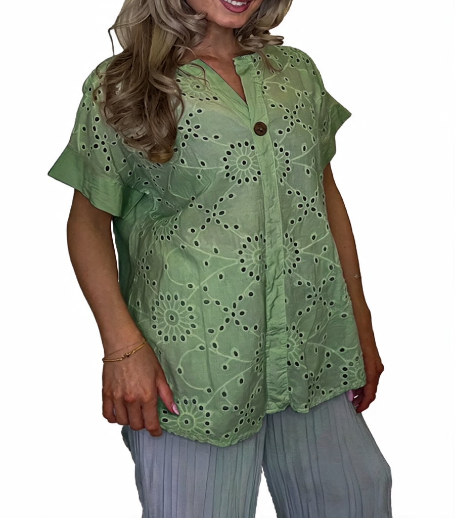 Broderie Anglaise Button-Front Blouse - Khaki