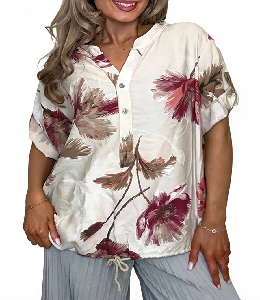 Bold Floral Print Button-Front Blouse - Beige