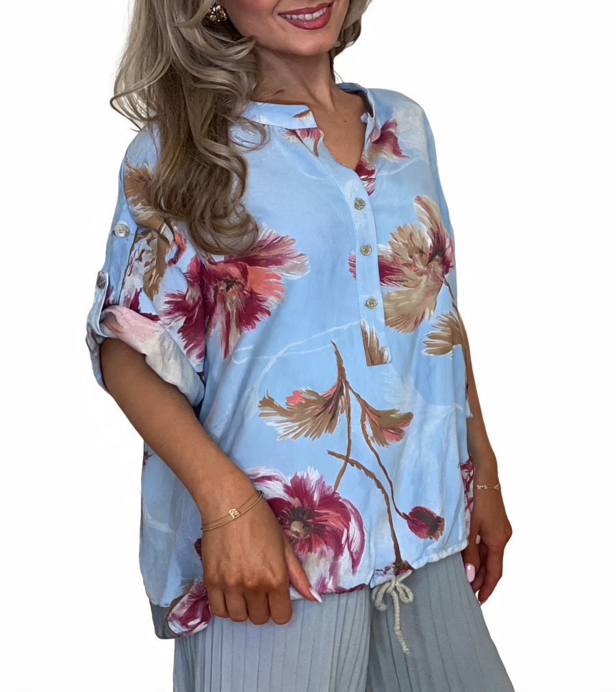 Bold Floral Print Button-Front Blouse - Sky Blue