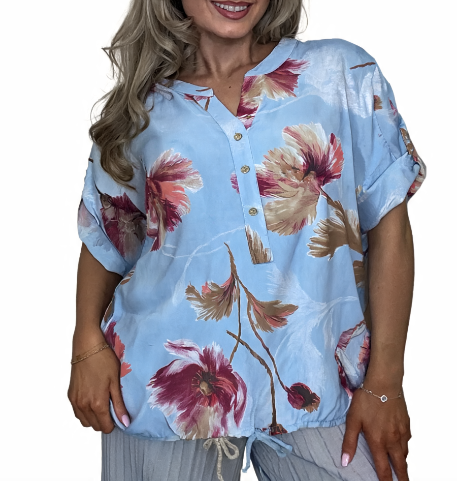 Bold Floral Print Button-Front Blouse - Sky Blue
