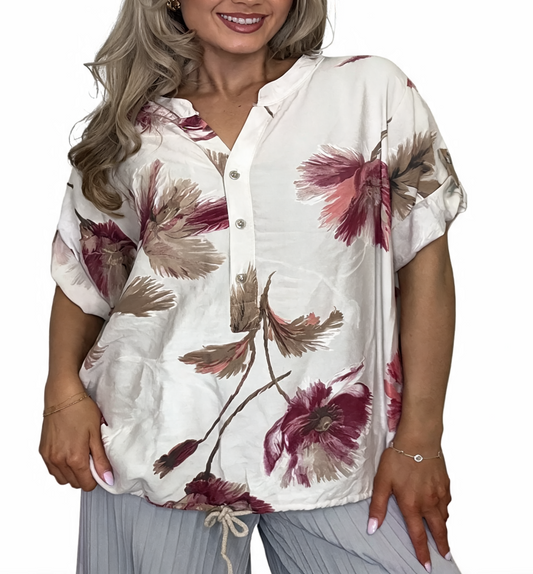 T-shirt met korte mouwen van bloemenkant en botanische print - Marineblauw