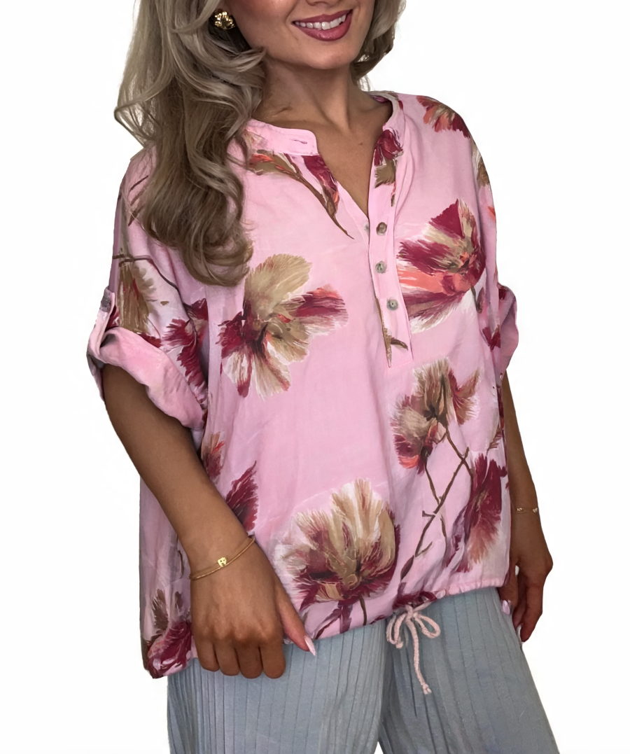 Bold Floral Print Button-Front Blouse - Pink