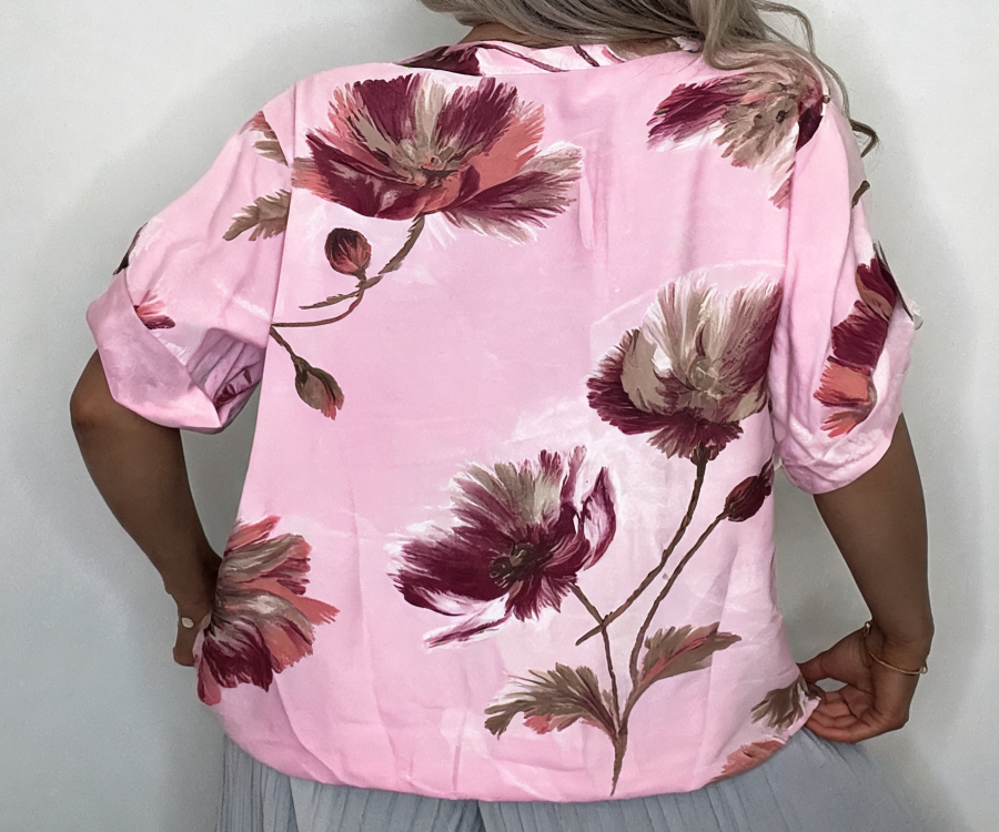 Bold Floral Print Button-Front Blouse - Pink