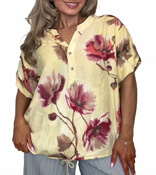 T-shirt met korte mouwen van bloemenkant en botanische print - Marineblauw