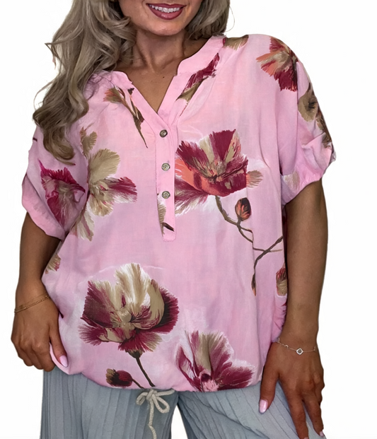 T-shirt met korte mouwen van bloemenkant en botanische print - Marineblauw