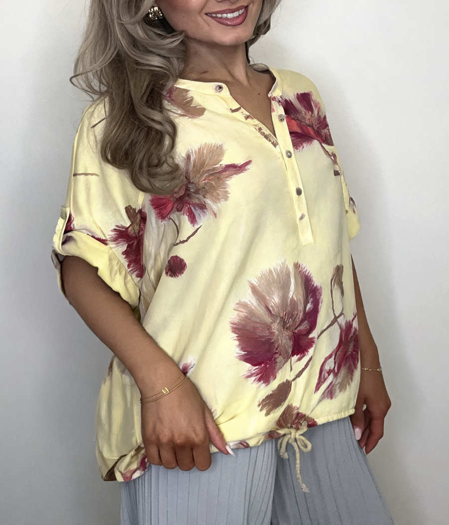 Bold Floral Print Button-Front Blouse - Lemon