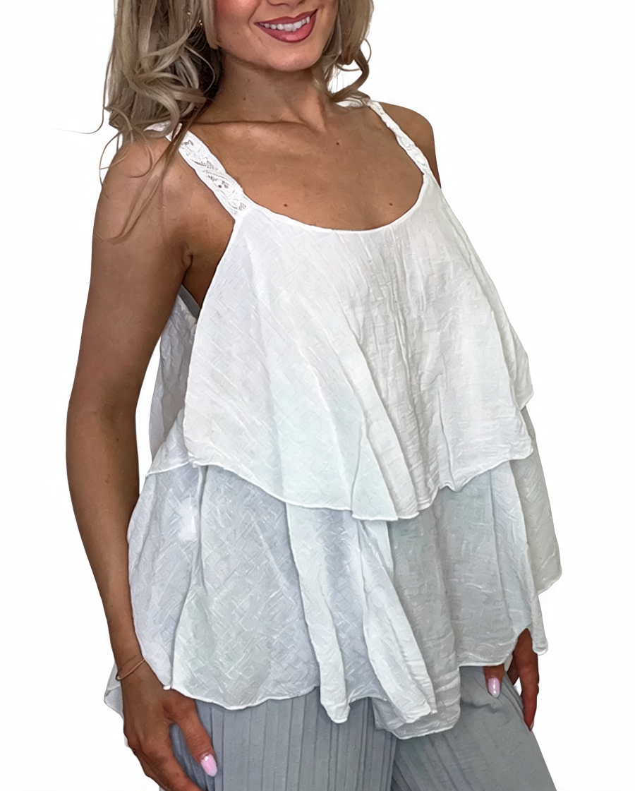Tiered Ruffle Cami Top with Lace Straps - White