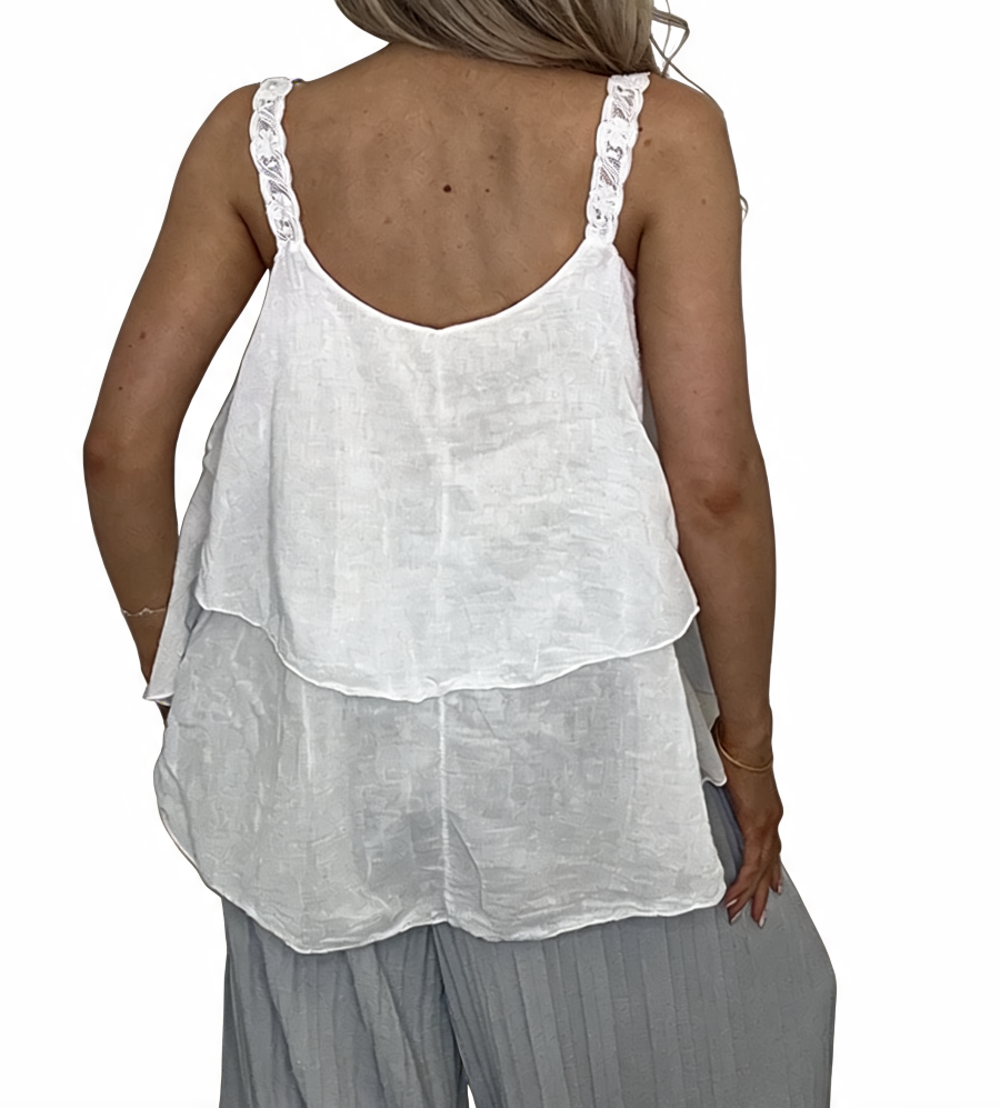 Tiered Ruffle Cami Top with Lace Straps - White