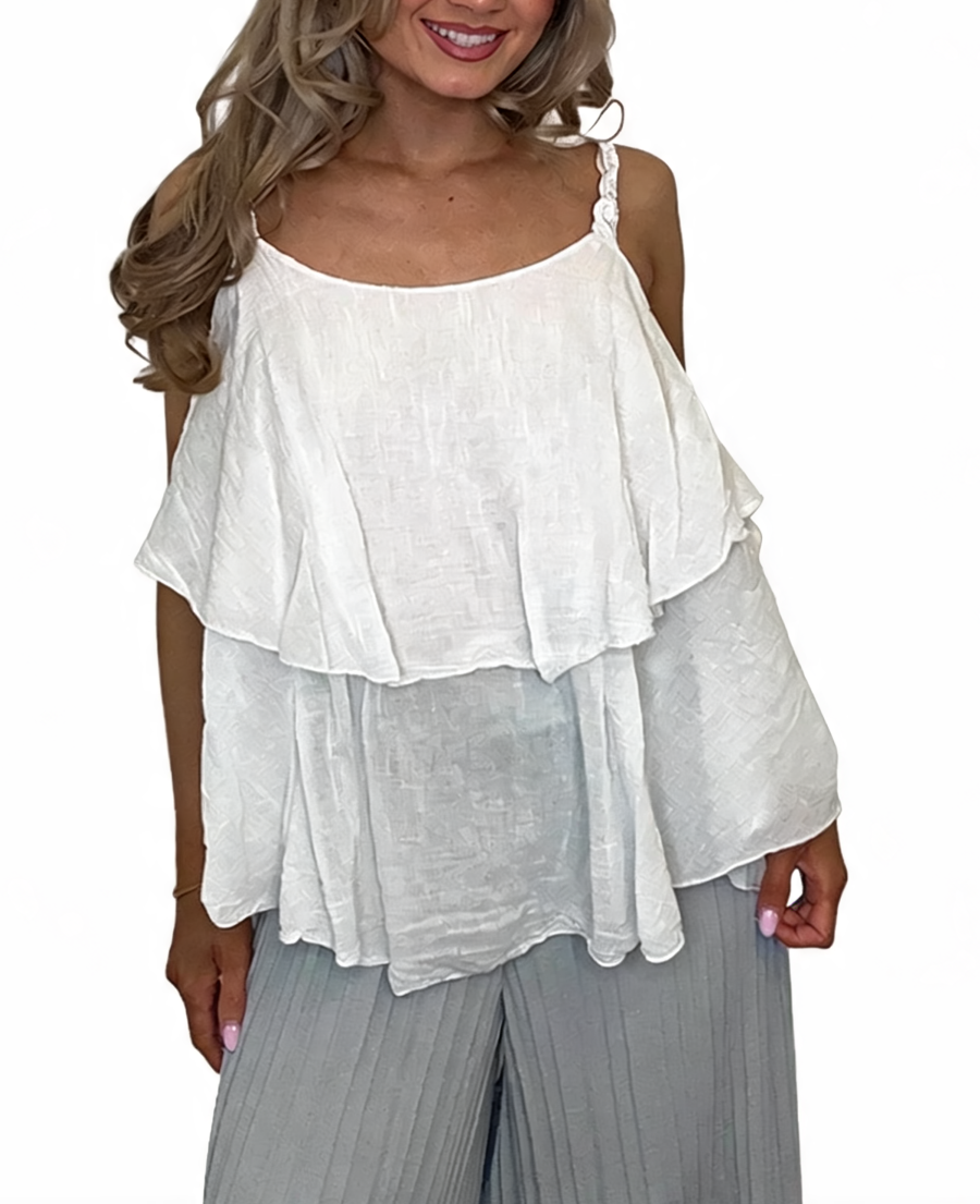 Tiered Ruffle Cami Top with Lace Straps - White