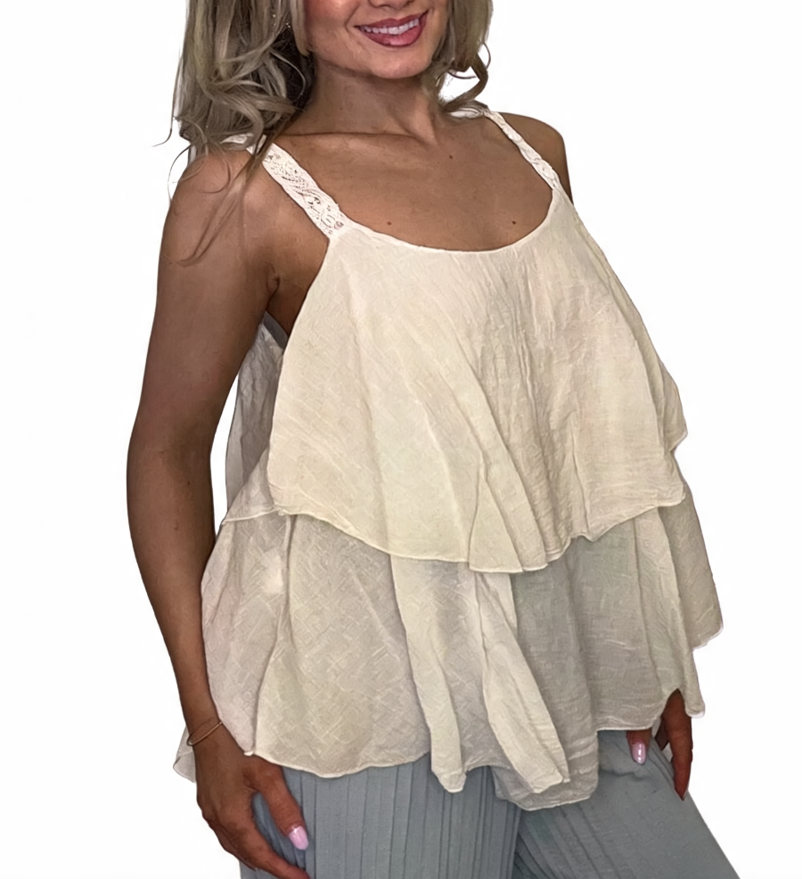 Tiered Ruffle Cami Top with Lace Straps - Beige