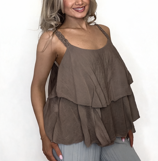 Tiered Ruffle Cami Top with Lace Straps - Mocha