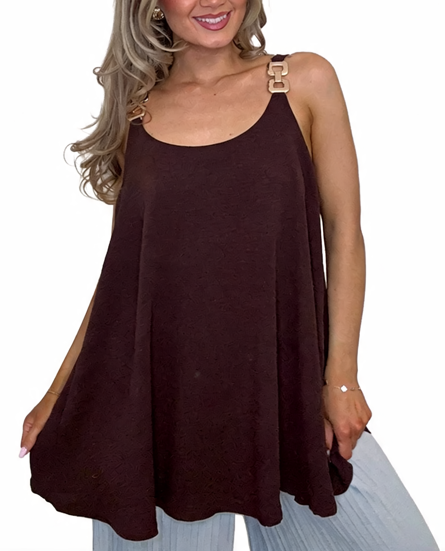 Swing Cami Top with Gold Chain Strap Detail - Chocolate