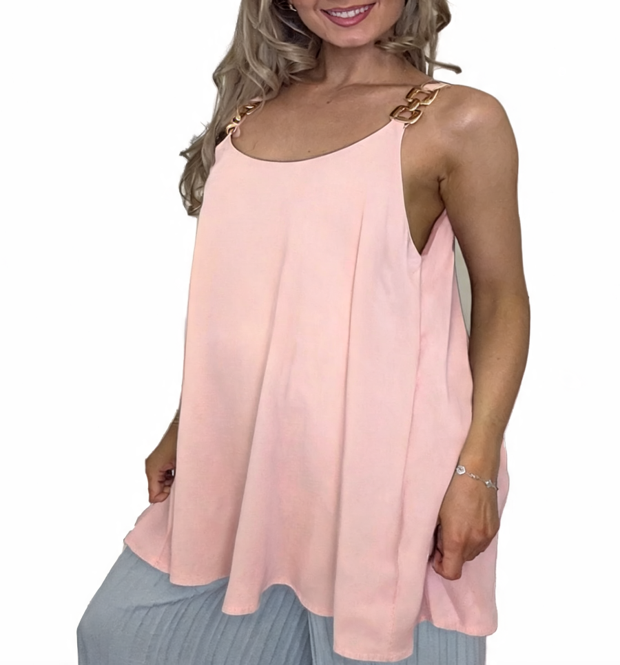 Swing Cami Top with Gold Chain Strap Detail - Pink
