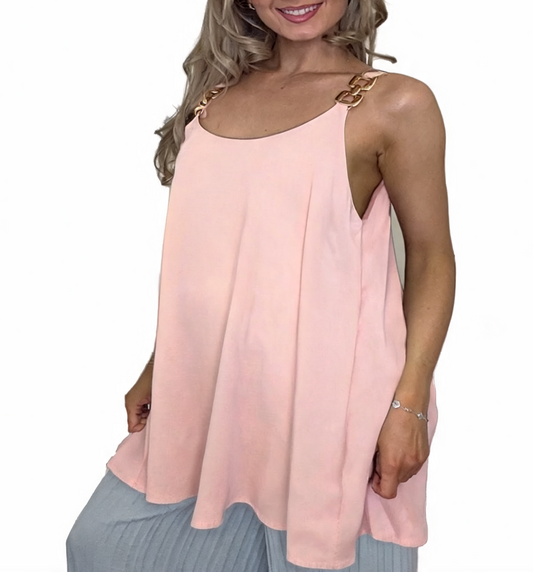 Swing Cami Top with Gold Chain Strap Detail - Pink