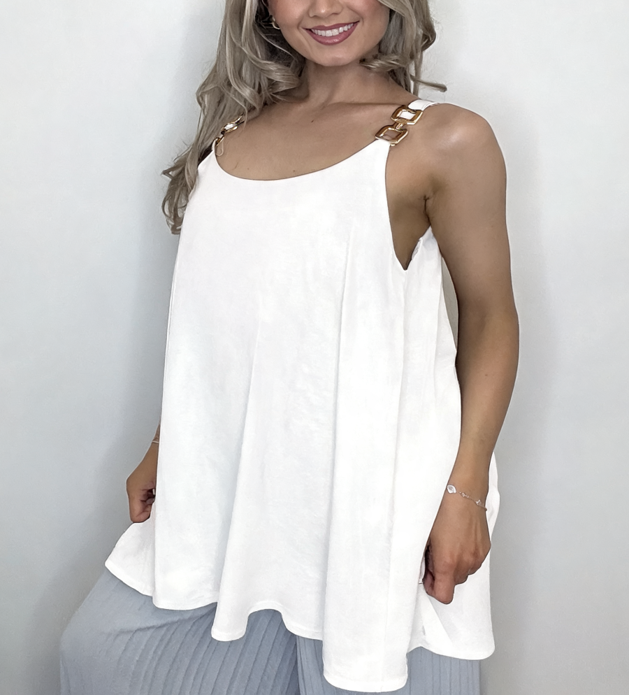 Swing Cami Top with Gold Chain Strap Detail - White