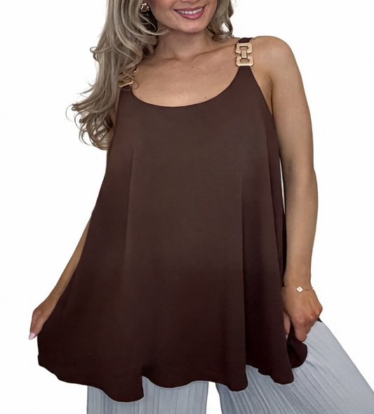 Swing Cami Top with Gold Chain Strap Detail - Mocha