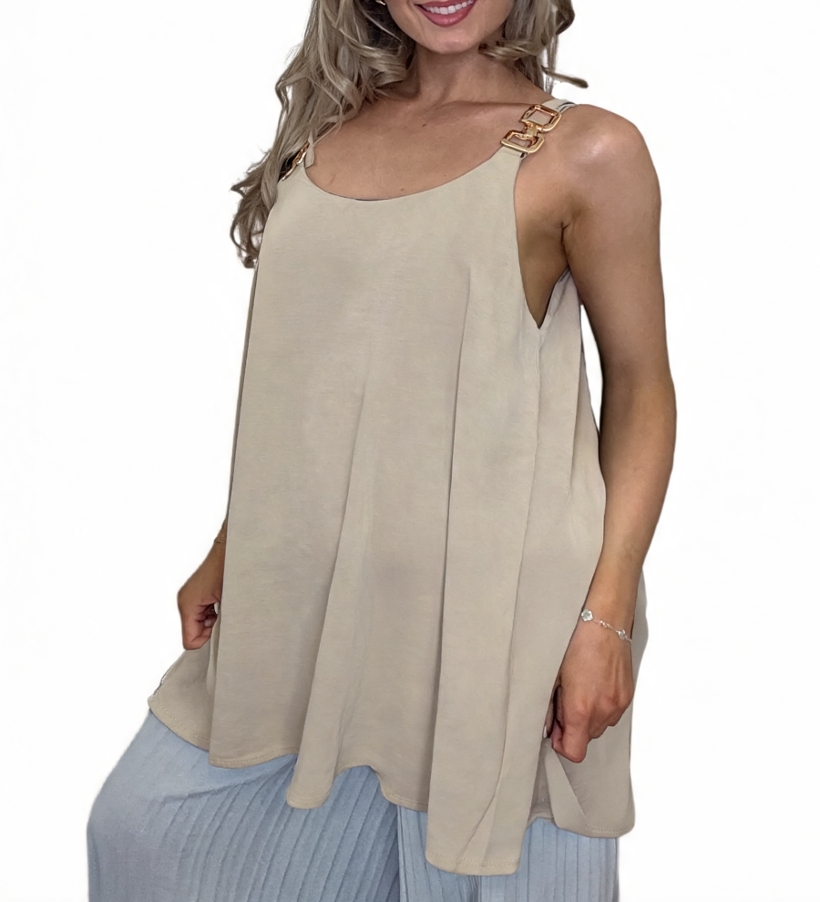 Swing Cami Top with Gold Chain Strap Detail - Taupe