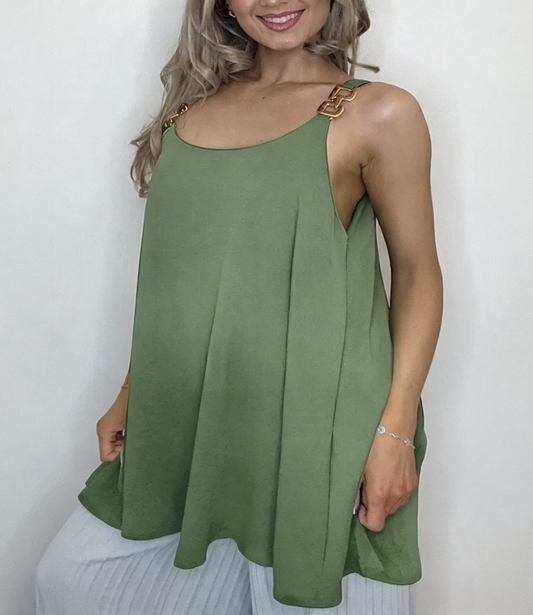 Swing Cami Top with Gold Chain Strap Detail - Khaki