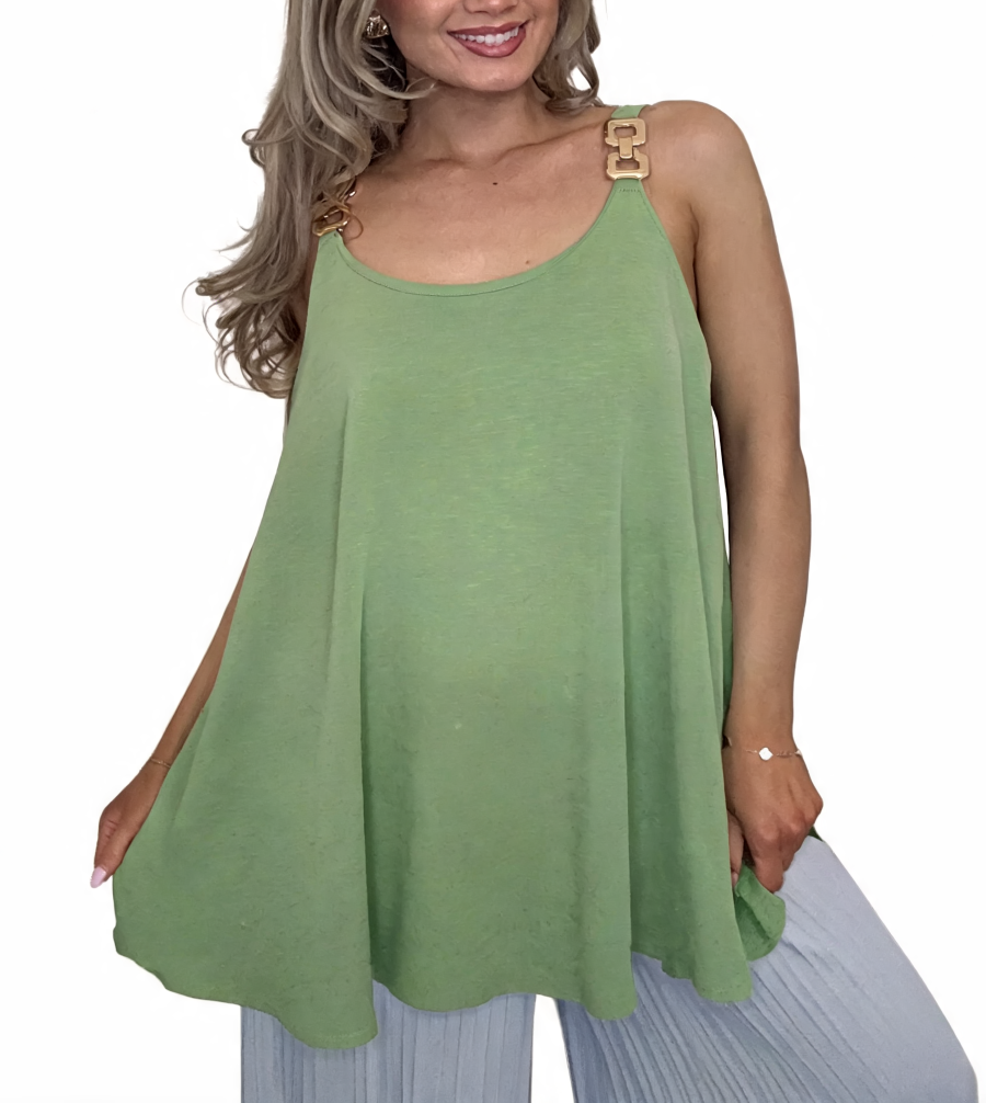 Swing Cami Top with Gold Chain Strap Detail - Khaki