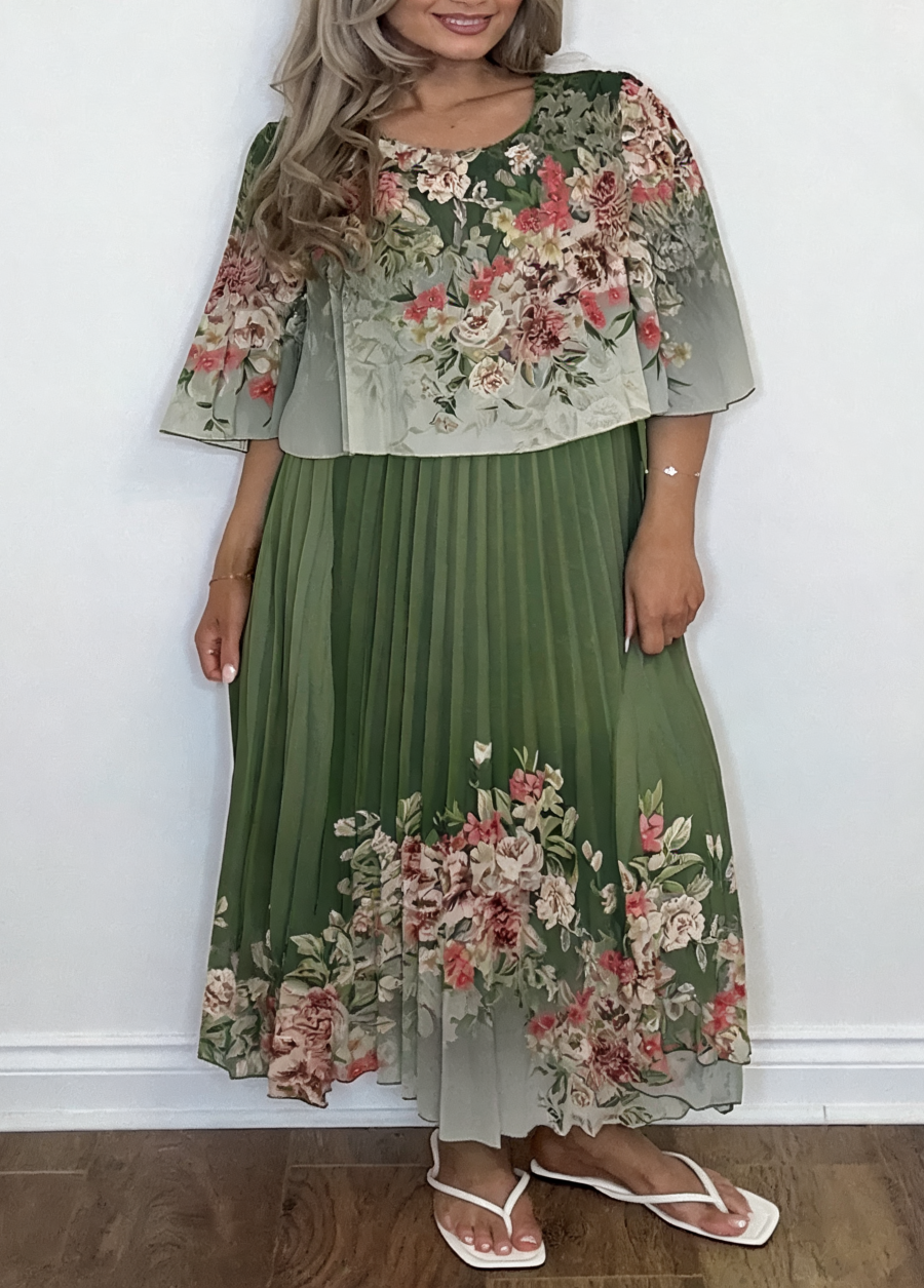 Floral Border Print Pleated Dress - Khaki