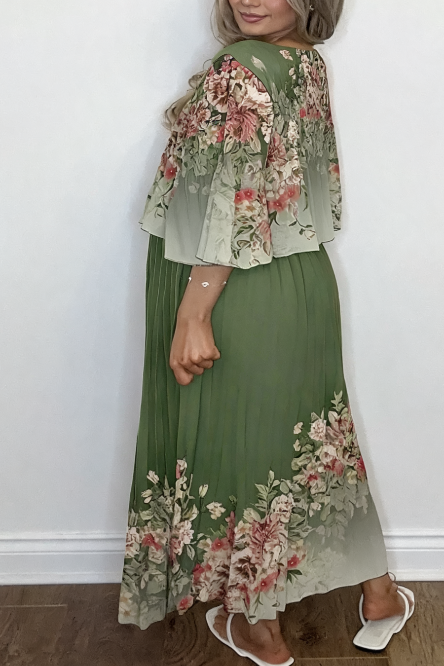 Floral Border Print Pleated Dress - Khaki