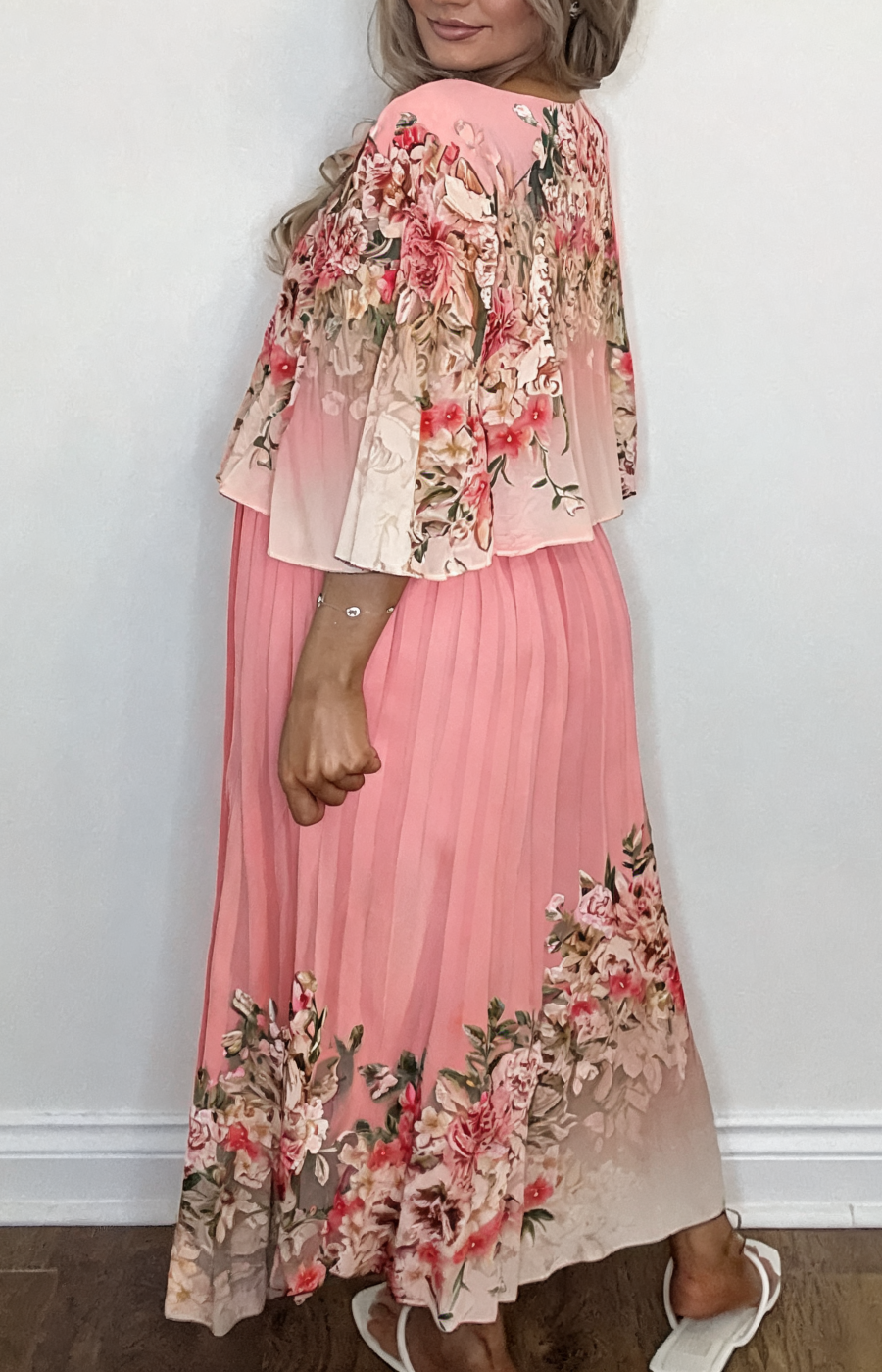 Floral Border Print Pleated Dress - Pink