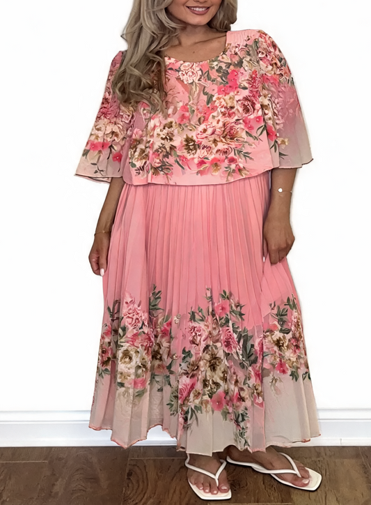 Floral Border Print Pleated Dress - Pink