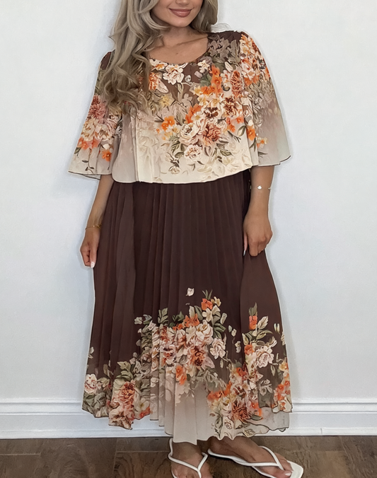 Floral Border Print Pleated Dress - Brown