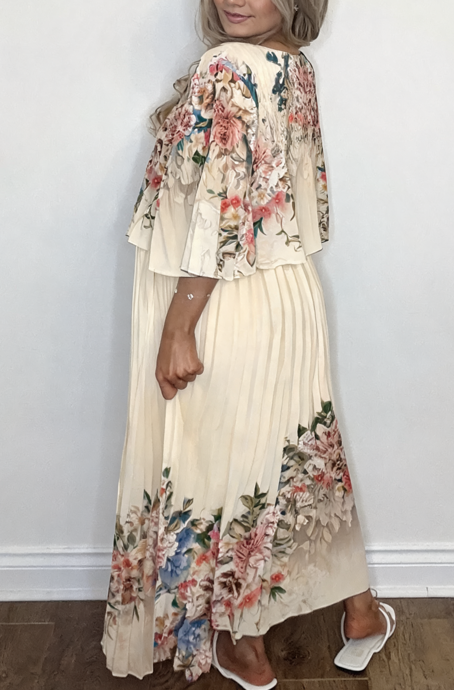 Floral Border Print Pleated Dress - White