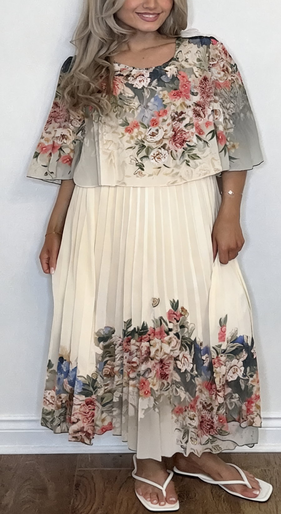 Floral Border Print Pleated Dress - White