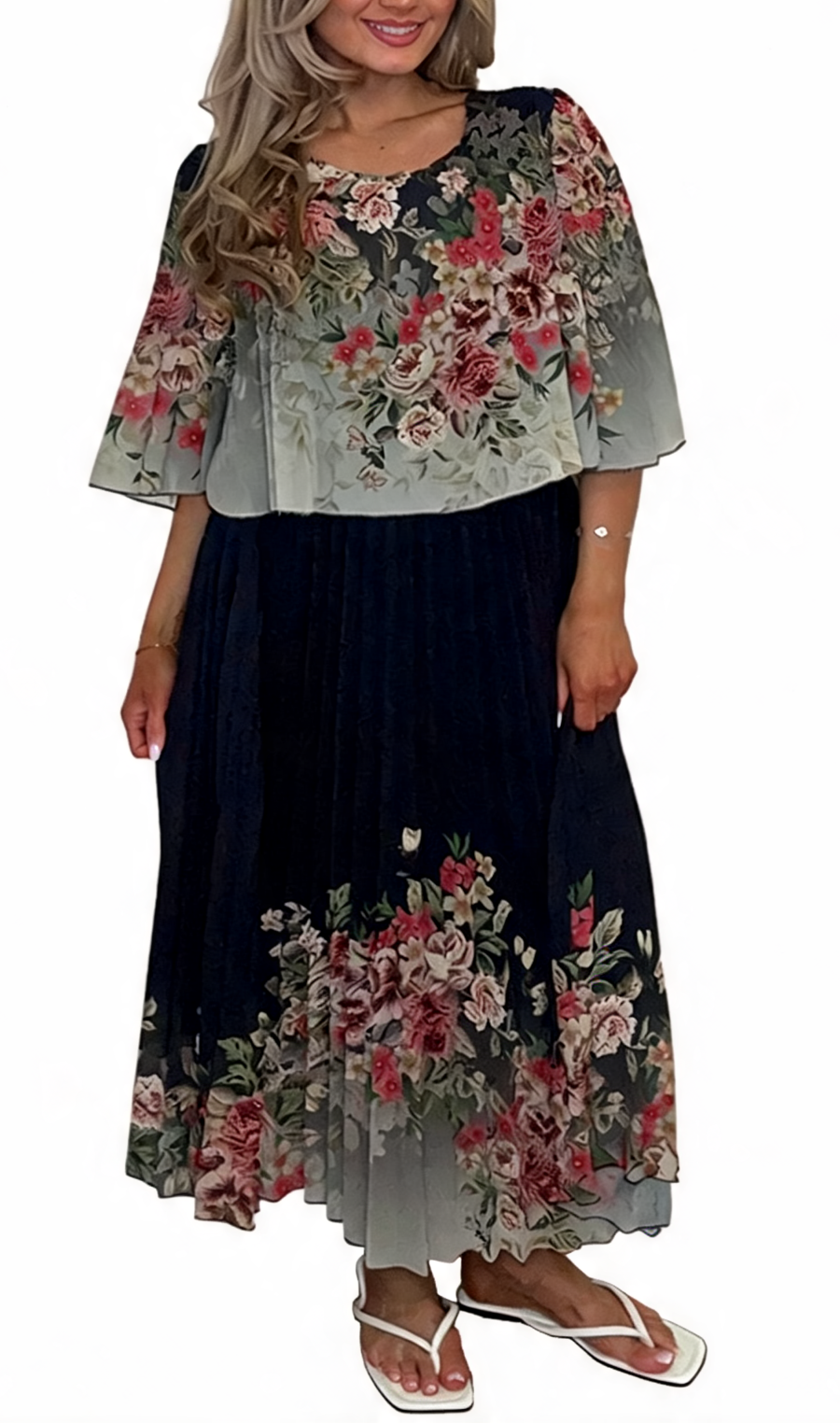 Floral Border Print Pleated Dress - Black