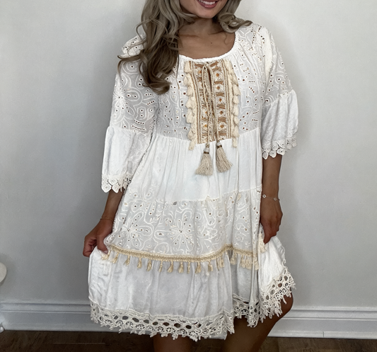Tiered Broderie Anglaise Boho Mini Dress with Tassel & Lace Trim - White