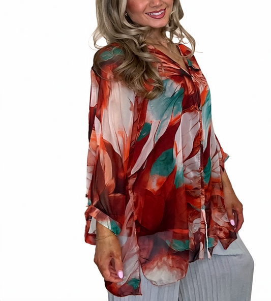 Sheer Abstract Print Button-Up Blouse, Watercolour Chiffon Shirt - Rust