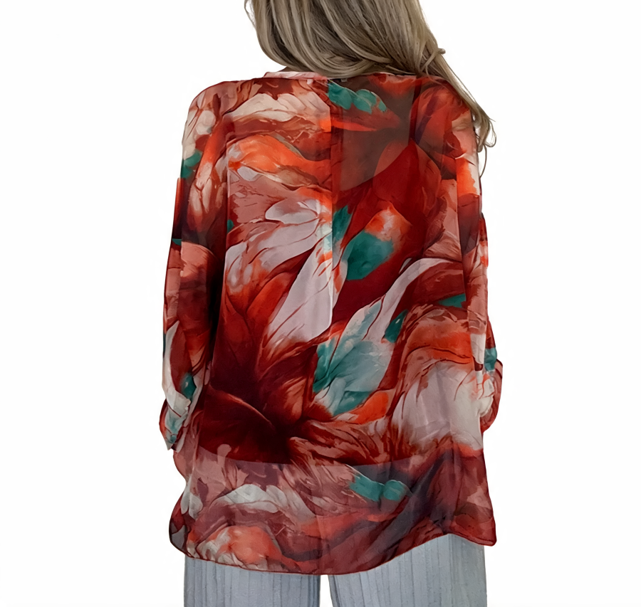 Sheer Abstract Print Button-Up Blouse, Watercolour Chiffon Shirt - Rust